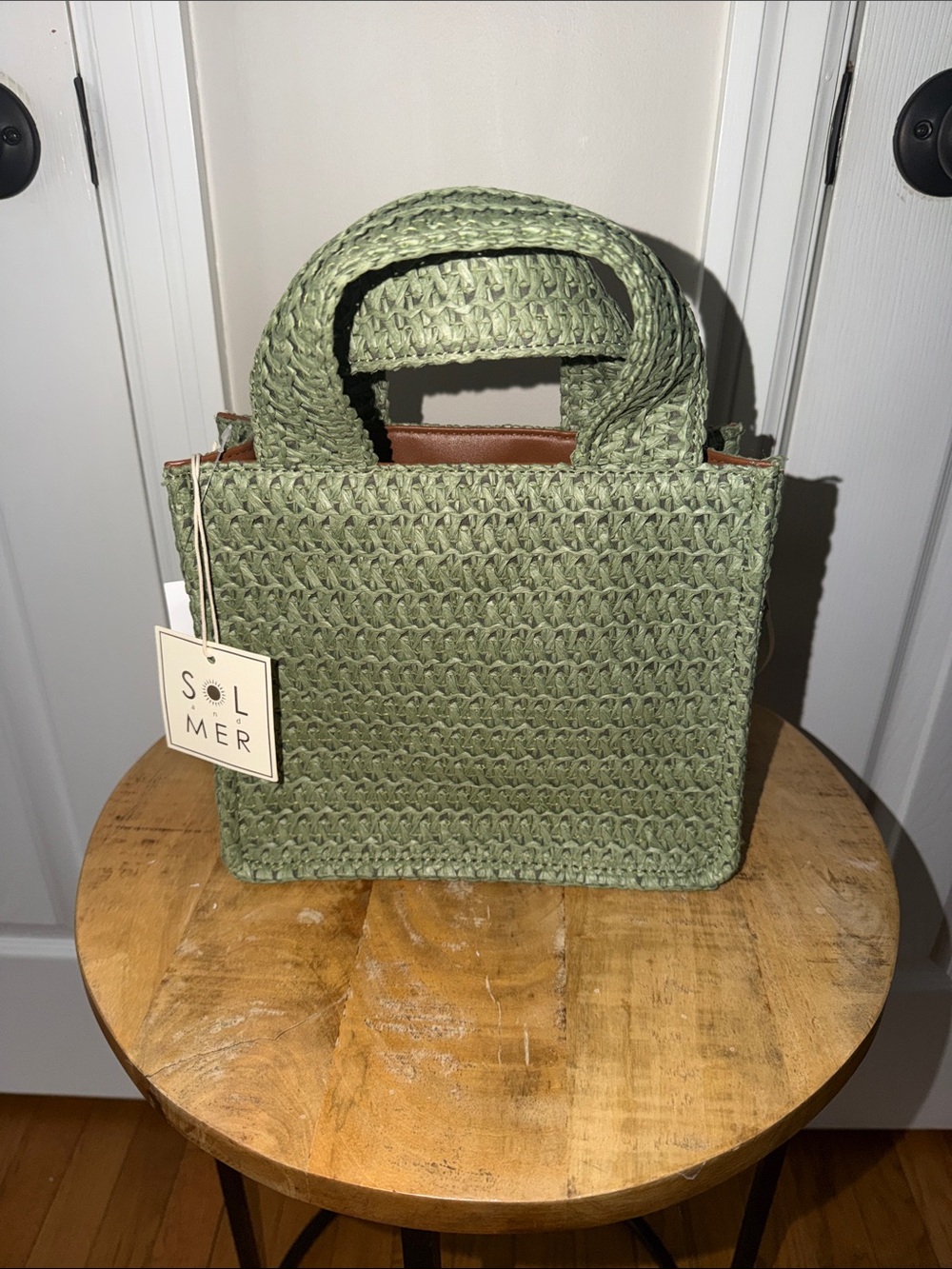 SOL and MER - Moss Woven Tote Bag with Top Handles and Detachable Strap